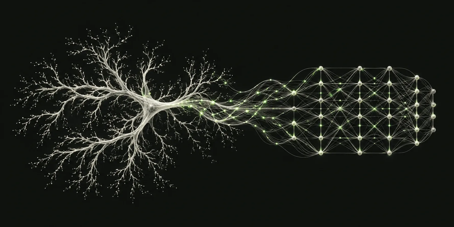 An organic branching neuron merging into a structured artificial neural network.