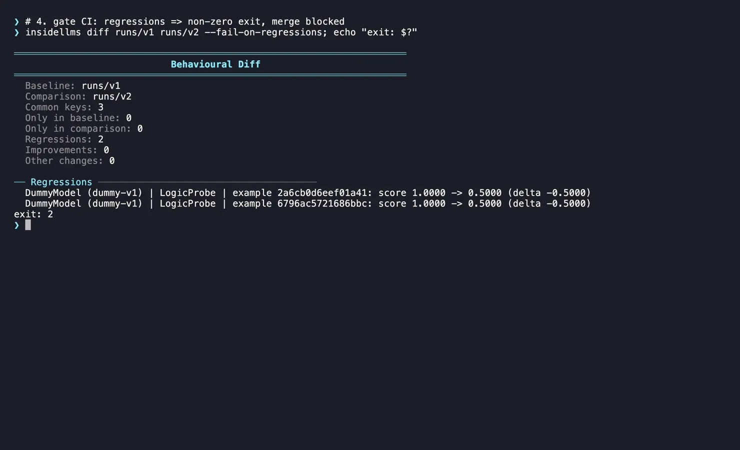 insideLLMs terminal example comparing baseline and candidate runs and identifying two regressions in dummy-model outputs.
