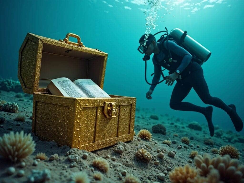 A deep sea diver discovering a large gold treasure chest covered in precious gemstones that has nothing inside it except a single dictionary inside it.